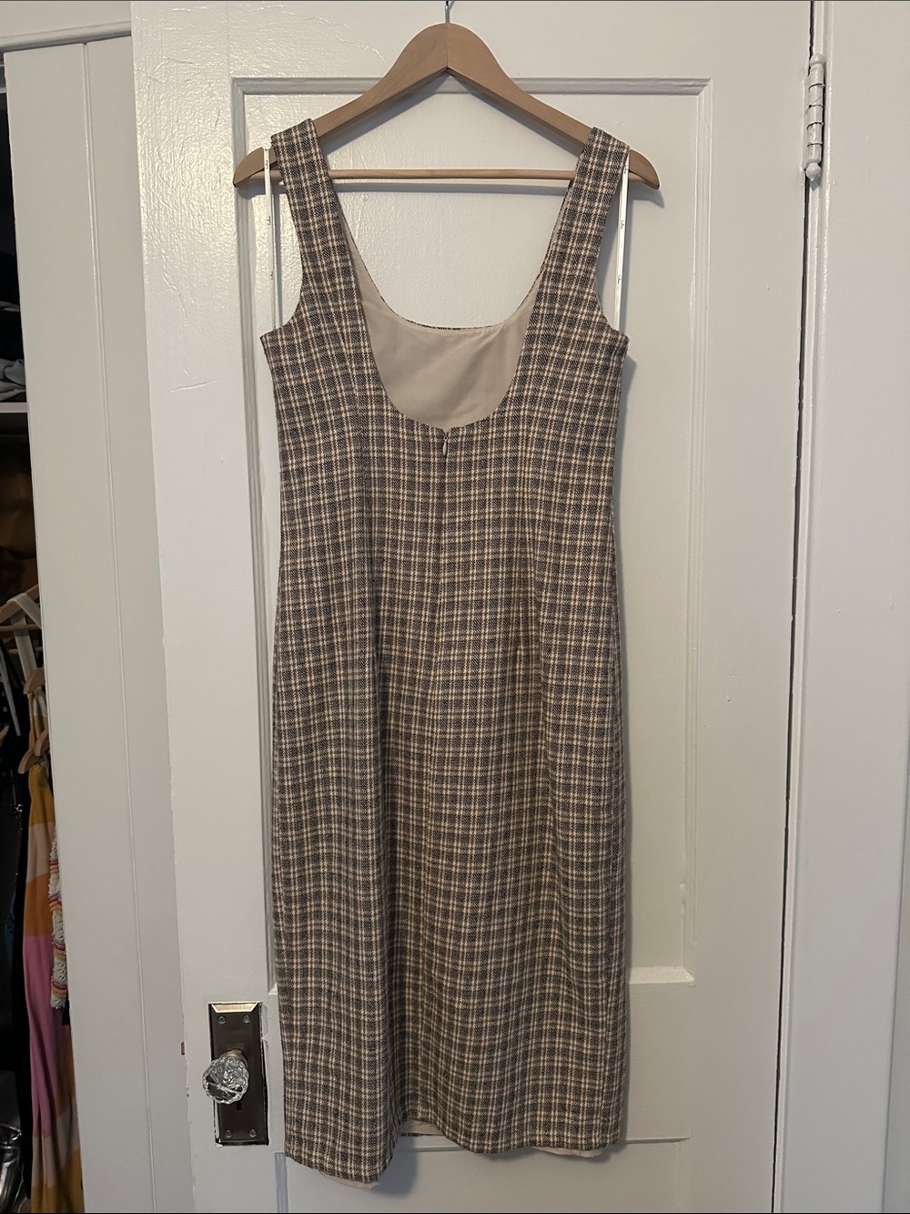 Lulu's Brown and Cream Plaid Square-Neck Midi Dress - Picture 2 of 3